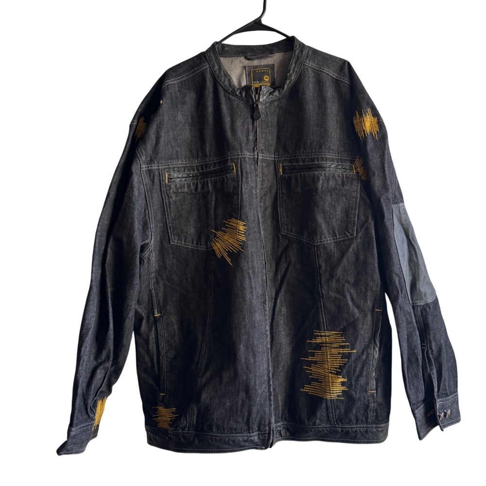 Vtg Akademiks Black Denim Jacket XXXL Leather Trim Yellow Embroidery Streetwear